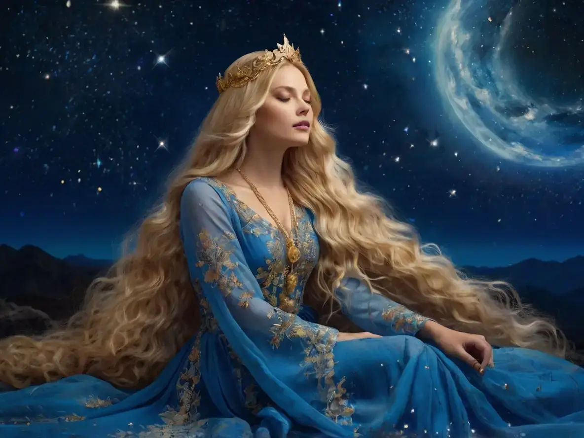 A beautiful woman in a meditative pose against an ethereal, starry background with a celestial theme