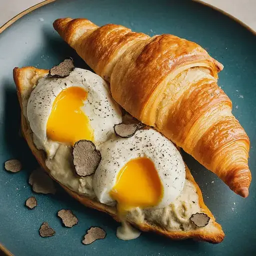 a croissant with eggs on it