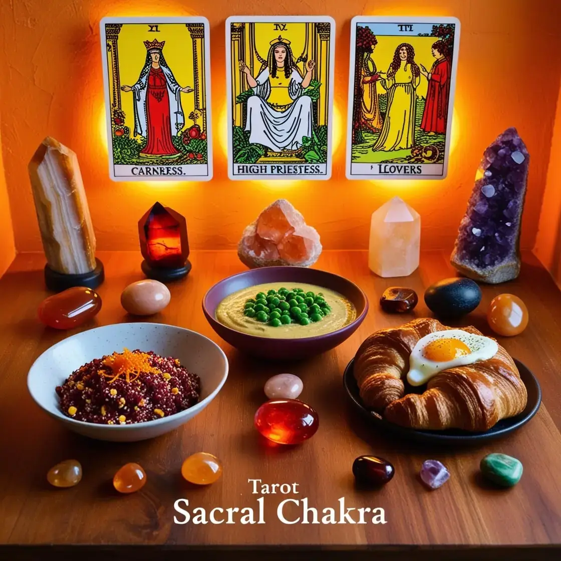 a table with food and crystals