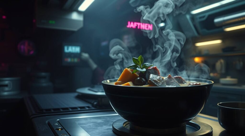 Futuristic sci-fi scene Steaming bowl of Temptation browns - Esoterris.com Temptation Stew with Cursed Basil and Chaos Spice