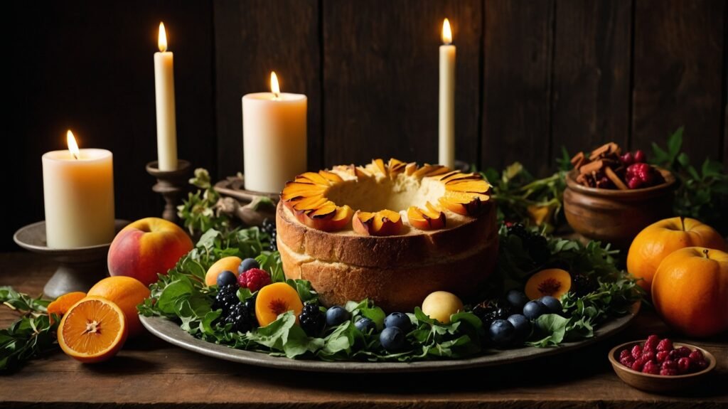 A magical seasonal wheel - Esoterris.com a magical seasonal wheel featuring foods and ingredients from each sabbat, arranged in a photorealistic circle with candlelight and nature elements.