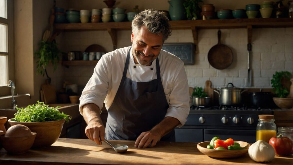 Photorealistic image of a whimsical Italian chef in a cozy kitchen holding a spoon like a wand, surrounded by vegetables and tarot cards.