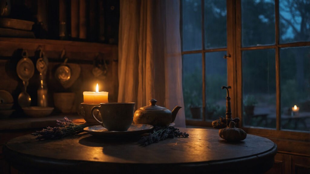 A peaceful witch’s kitchen - Esoterris.com a peaceful witch’s kitchen after a ritual, with candlelight, a sigil in flour, and a sense of magical completion.