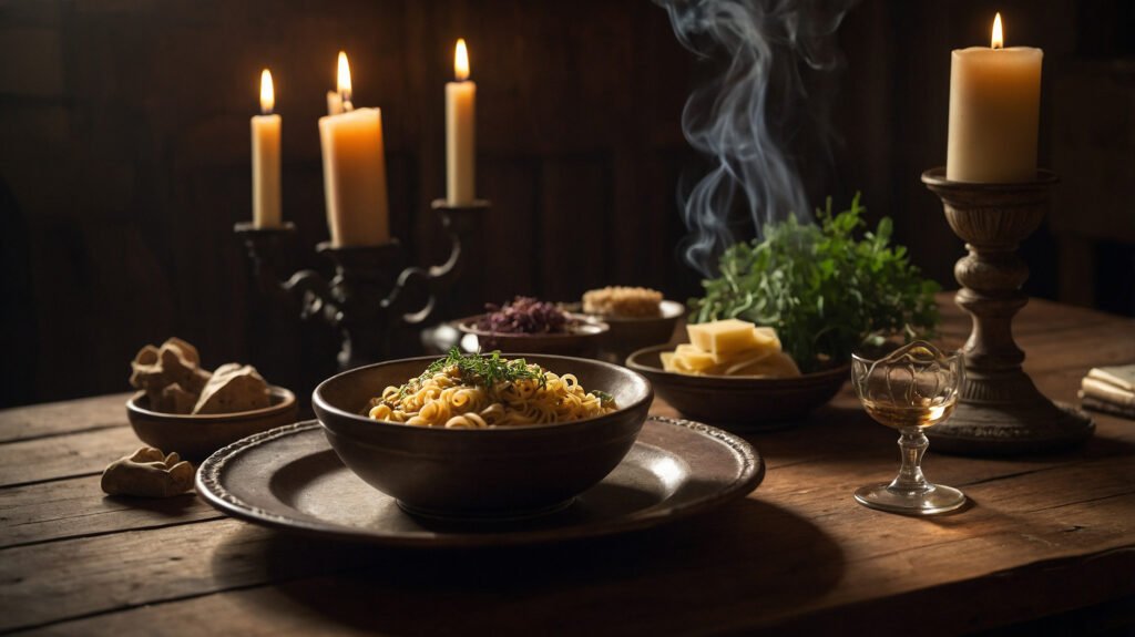 A ritual dinner table - Esoterris.com a ritual dinner table with tarot card, candlelight, and a thoughtfully plated meal set with magical intention.