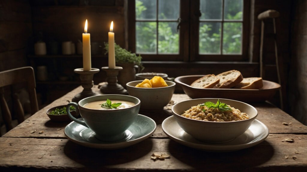 A table with magical meal - Esoterris.com a table with magical meals: oatmeal, pasta, tea, and bread prepared with intentions and surrounded by herbs and candlelight.