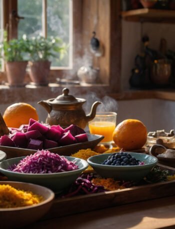 Photorealistic Italian kitchen scene with chakra-themed food ingredients and mystical elements like tarot and incense.