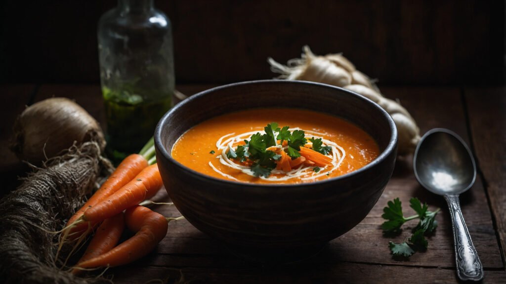 Chakra-inspired carrot coconut soup served in a rustic bowl, with carrots and herbs on wooden table