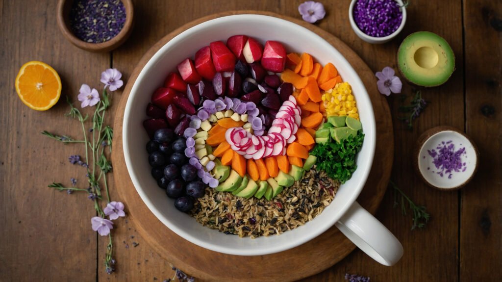 Photorealistic chakra food mandala with colorful ingredients and spiritual accents like crystals and candles.