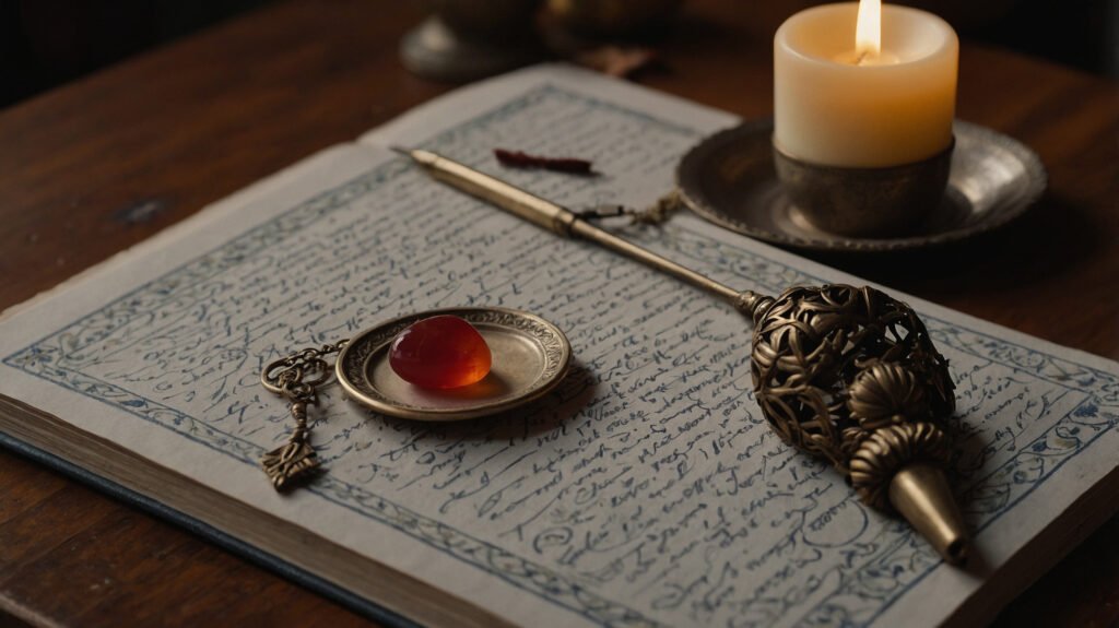 A completed tarot health spread journal with a closed deck, candle, and finished cup of tea on a sacred table
