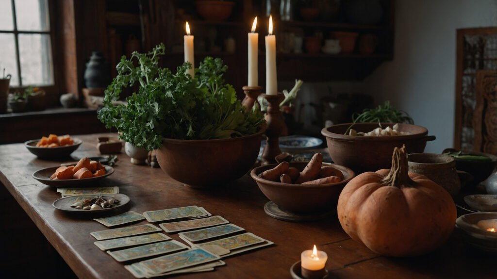 Hands shuffling tarot cards - Esoterris.com hands shuffling tarot cards beside fresh ingredients and a glowing candle, preparing for a mystical cooking ritual.