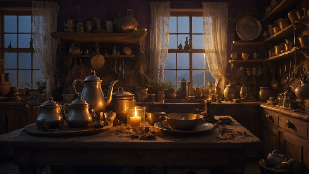 Lira Lunaria cooking - Esoterris.com witch lira lunaria cooking with intention in a glowing magical kitchen filled with herbs, tarot cards, and candlelight.