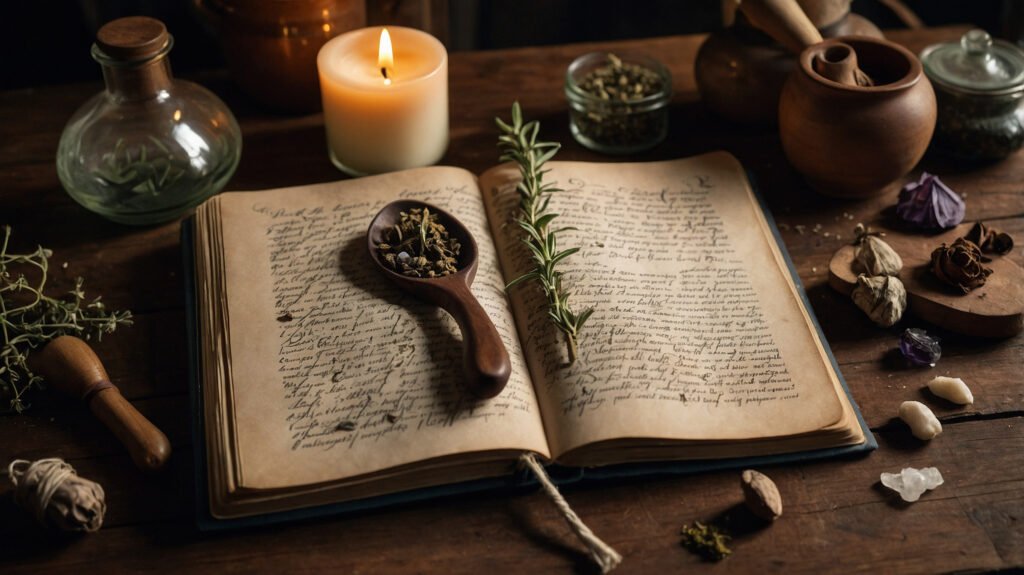 Magical kitchen tools_ - Esoterris.com magical kitchen tools arranged on a rustic table, including herbs, candles, a wooden spoon, and a steaming cauldron.