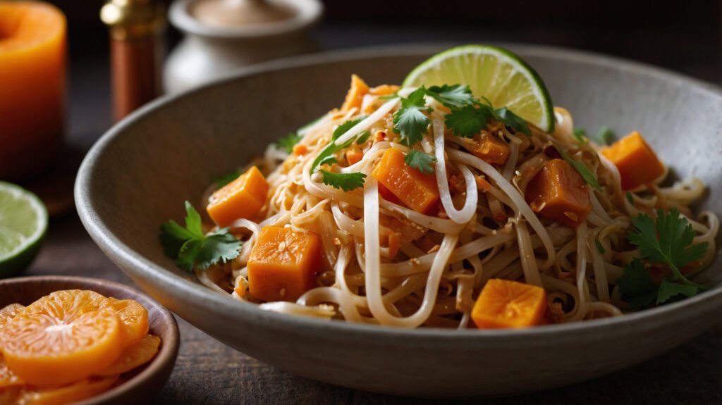 Photorealistic image of a vibrant Pad Thai with orange vegetables and sensual kitchen accents like a candle and carnelian.