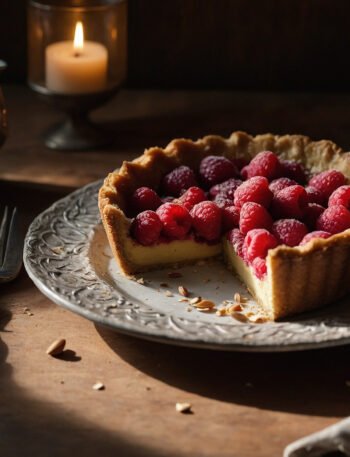 a moody, rustic raspberry frangipane tart with glowing highlights, fresh raspberries, almonds, and a vintage tea-time setting. a moody, rustic raspberry frangipane tart with glowing highlights, fresh raspberries, almonds, and a vintage tea-time setting.