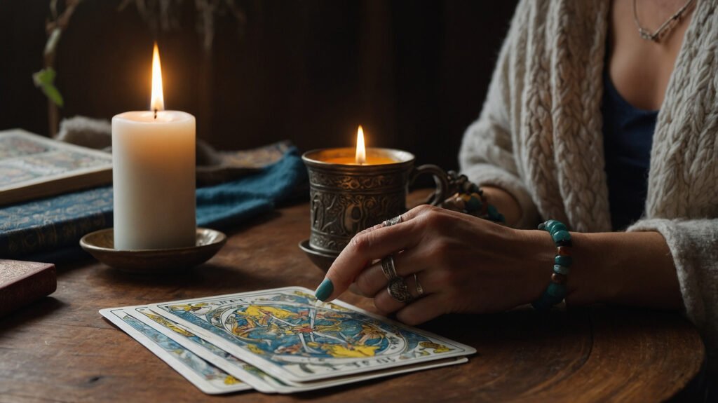 Hands shuffling tarot cards on a ritual table with candle, tea, and journal before a health tarot spread