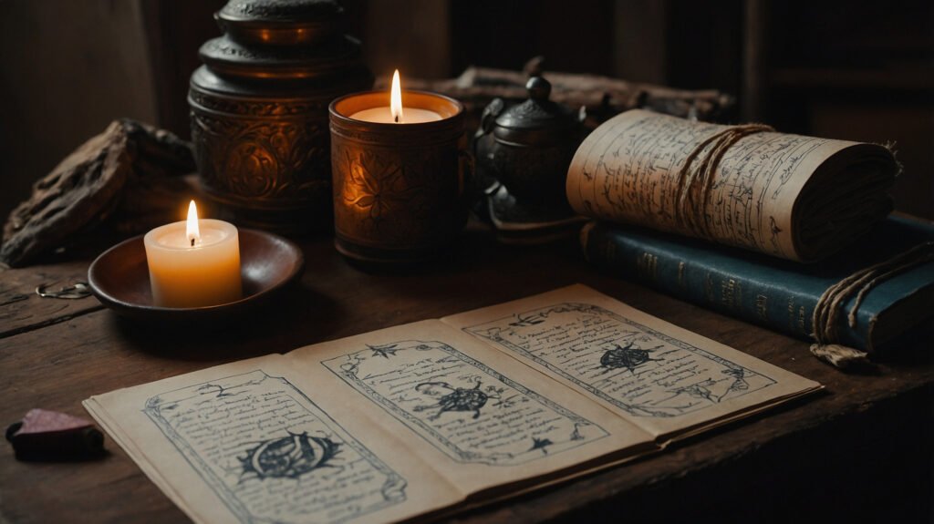 A health tarot spread with three cards laid out and handwritten notes beside each, lit by candlelight