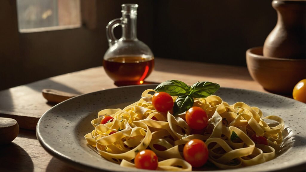 Tagliatelle pasta - Esoterris.com tagliatelle pasta with sun-gold tomatoes and tarot cards—the lovers, the sun, and the chariot—on a rustic kitchen table.