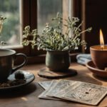 A health tarot spread with three cards, herbal tea, candle, and journal on a rustic wooden table near a sunlit window