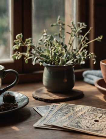 A health tarot spread with three cards, herbal tea, candle, and journal on a rustic wooden table near a sunlit window