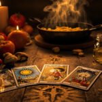 Tarot cards and cooking ingredients on a rustic table by candlelight, blending mysticism and culinary inspiration.