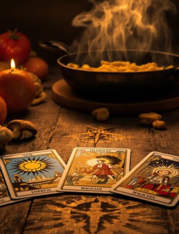 Tarot cards and cooking ingredients on a rustic table by candlelight, blending mysticism and culinary inspiration.