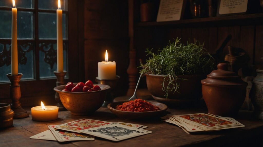 Tarot cards paired with pasta - Esoterris.com tarot cards paired with pasta, sauce, and chili peppers on a wooden counter, symbolizing a magical cooking ritual.