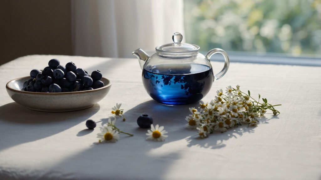 Photorealistic image of blueberry chamomile tea steeping in a glass teapot, with herbs, berries, and a calm blue-themed setting.