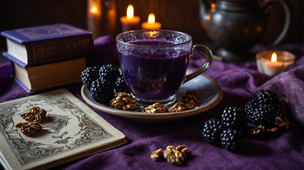 Photorealistic image of a cacao elixir in a dark indigo mug with walnuts, tarot, and Third Eye chakra accents in a candlelit, mystical setting.