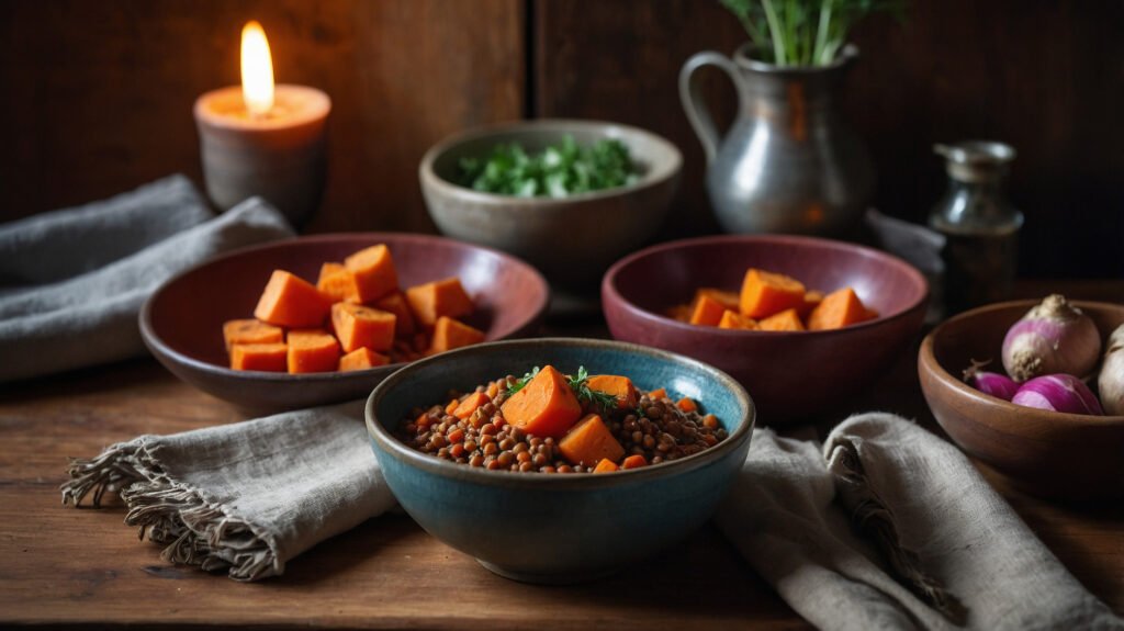 Photorealistic image of a hearty root vegetable stew on a wooden table with grounding ingredients and a salt lamp.