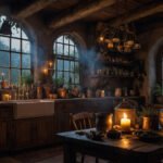 a cozy witch’s kitchen filled with magical herbs, bubbling cauldron, tarot cards, and glowing moonlight. a cozy witch’s kitchen filled with magical herbs, bubbling cauldron, tarot cards, and glowing moonlight.