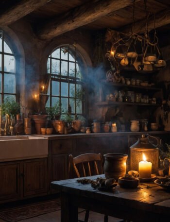 A cozy witch’s kitchen filled with magical herbs, bubbling cauldron, tarot cards, and glowing moonlight.