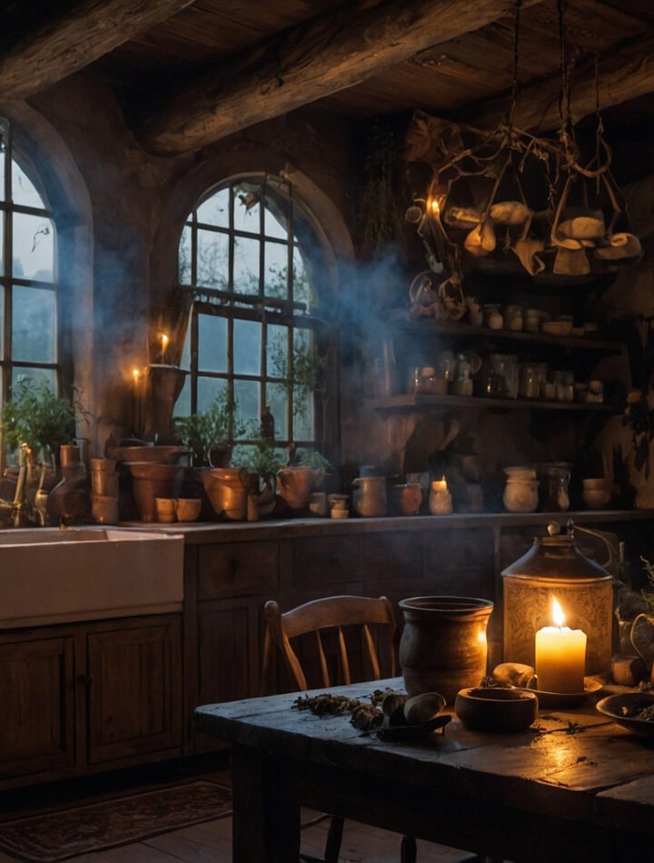 a cozy witch’s kitchen filled with magical herbs, bubbling cauldron, tarot cards, and glowing moonlight. a cozy witch’s kitchen filled with magical herbs, bubbling cauldron, tarot cards, and glowing moonlight.