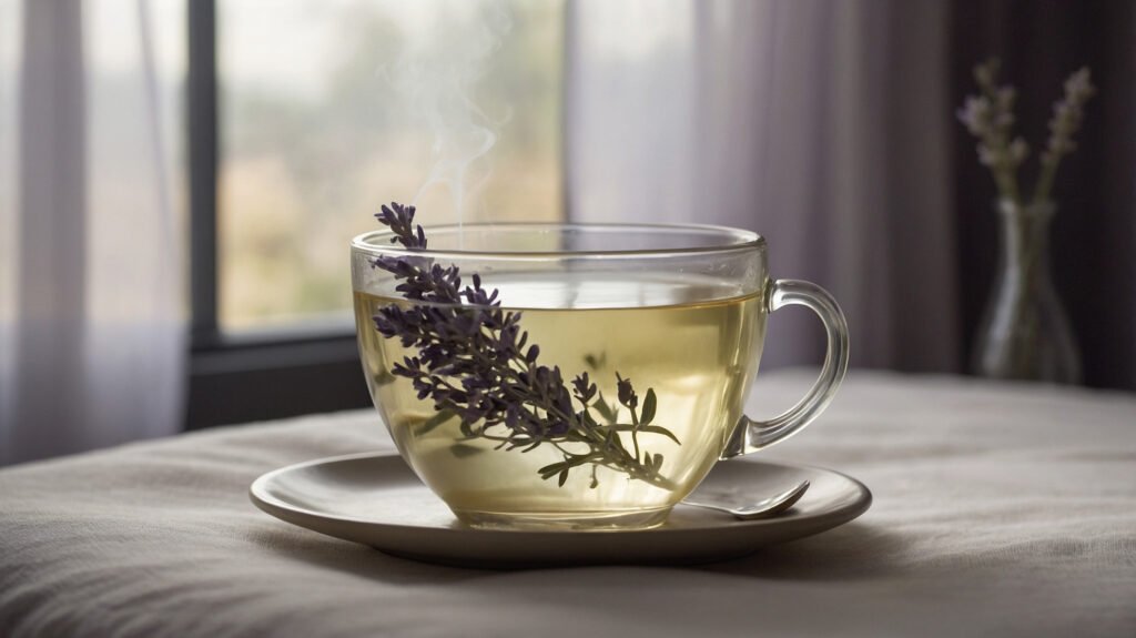 Photorealistic image of a delicate glass cup with lavender white tea in a serene, minimalist setting with pale light and spiritual accents.