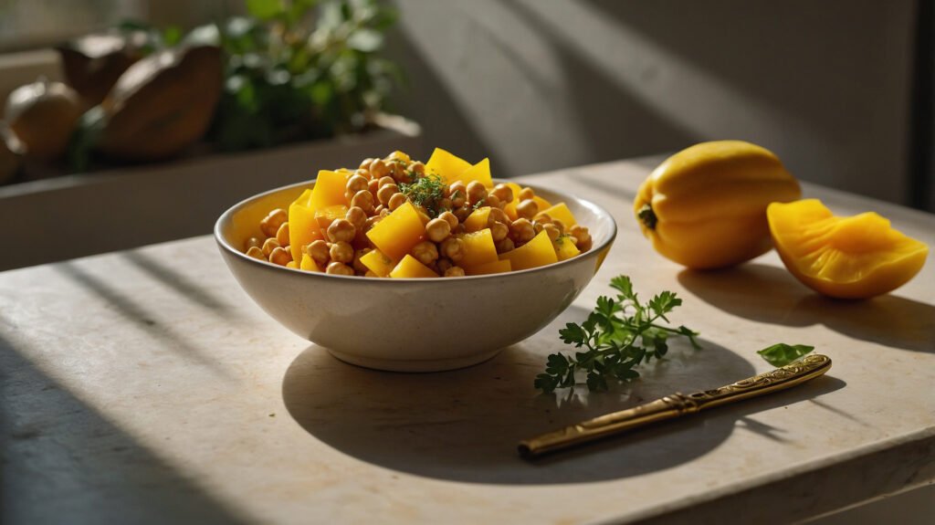 Photorealistic image of a vibrant mango chickpea salad with yellow and golden ingredients, set in a sunny kitchen with citrus and turmeric.
