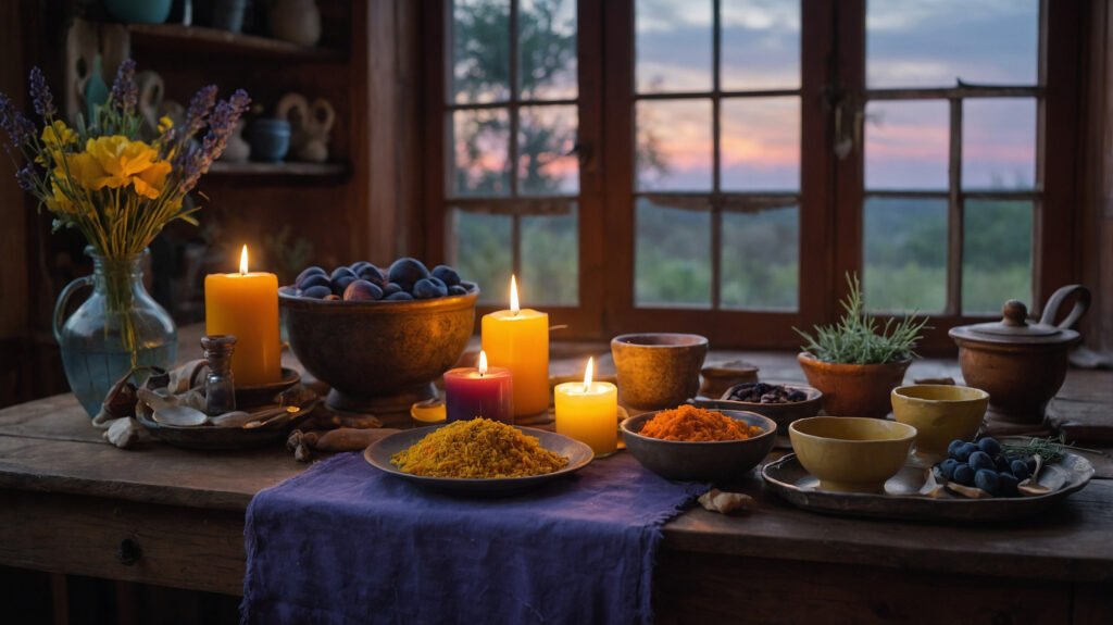 Photorealistic chakra food altar with seven colorful dishes, crystals, a candle, and a hand blessing a bowl of salt in a cozy, mystical kitchen.