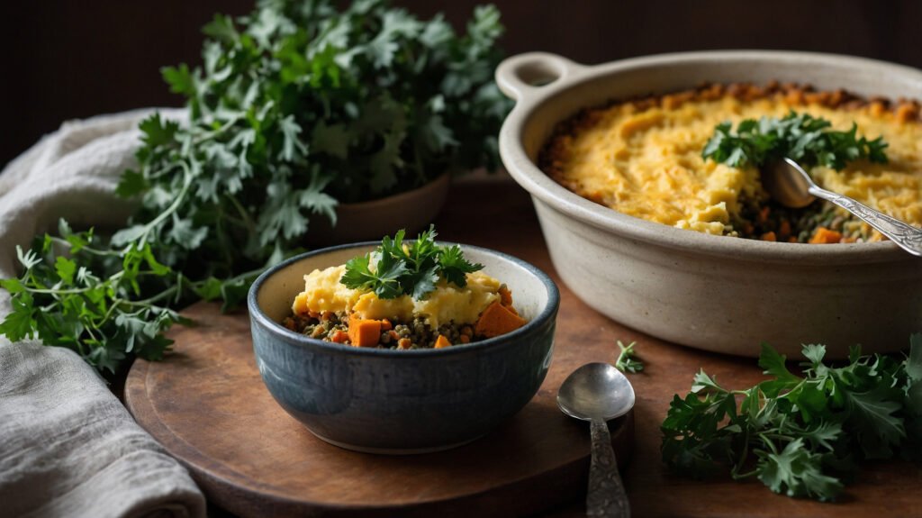Photorealistic image of a sweet potato shepherd’s pie with a vibrant green filling, herbs, and heart chakra elements like avocado and green tea.