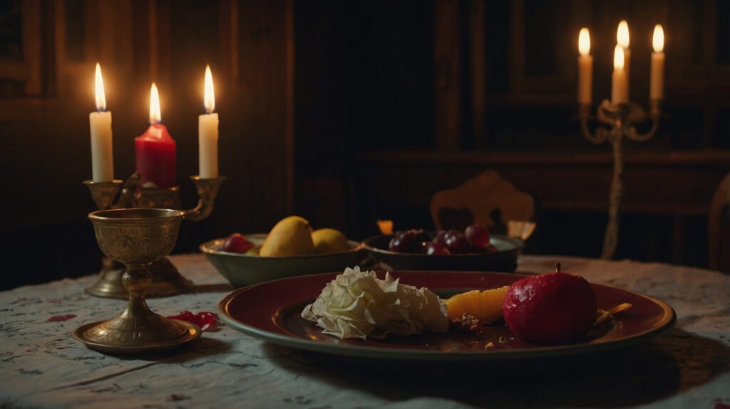 tarot-inspired meal - Esoterris.com a dinner table after a tarot-inspired meal, with a tarot card, wine glass, and candlelight creating a mystical closing scene."