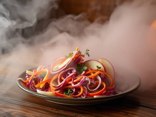 a rustic bowl of cabbage and apple slaw with herbs sprinkled is surrounded by fresh ingredients on a wooden table in natural light. a rustic bowl of cabbage and apple slaw with herbs sprinkled is surrounded by fresh ingredients on a wooden table in natural light.