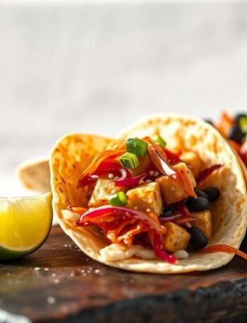 Air-fryer basket filled with lightly charred gochujang-glazed tofu cubes, overhead shot, minimal props, moody studio light.
