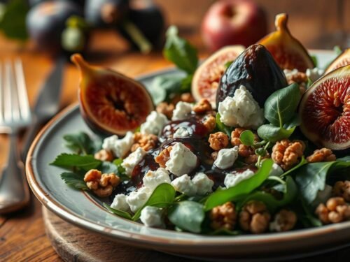 fig and goat cheese salad with toasted walnuts and balsamic glaze, served on rustic plate fig and goat cheese salad with toasted walnuts and balsamic glaze, served on rustic plate