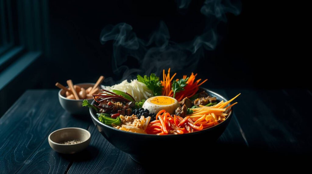 Fine art photography, epic lens glow lighting. - Esoterris.com Chiaroscuro-style vegan bibimbap bowl with colorful vegetables arranged in a circular pattern around a golden vegan egg yolk, steaming on a dark wooden table.