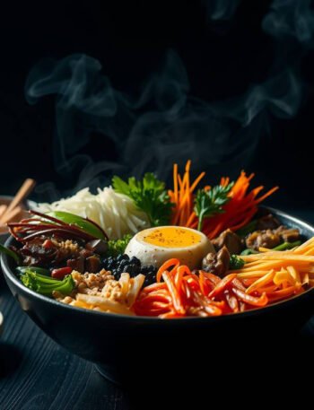 chiaroscuro-style vegan bibimbap bowl with colorful vegetables arranged in a circular pattern around a golden vegan egg yolk, steaming on a dark wooden table. chiaroscuro-style vegan bibimbap bowl with colorful vegetables arranged in a circular pattern around a golden vegan egg yolk, steaming on a dark wooden table.