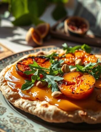 Moroccan Peach Flatbread with Saffron Tagine Sauce