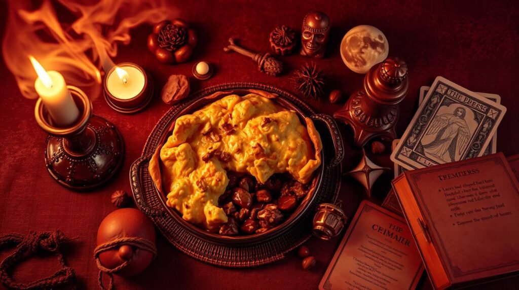 vegan shepherd’s pie 1 - Esoterris.com Vegan miso mushroom shepherd’s pie with tarot cards and mystical herbs on a rustic table, glowing in candlelight.
