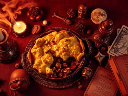 Vegan miso mushroom shepherd’s pie with tarot cards and mystical herbs on a rustic table, glowing in candlelight.