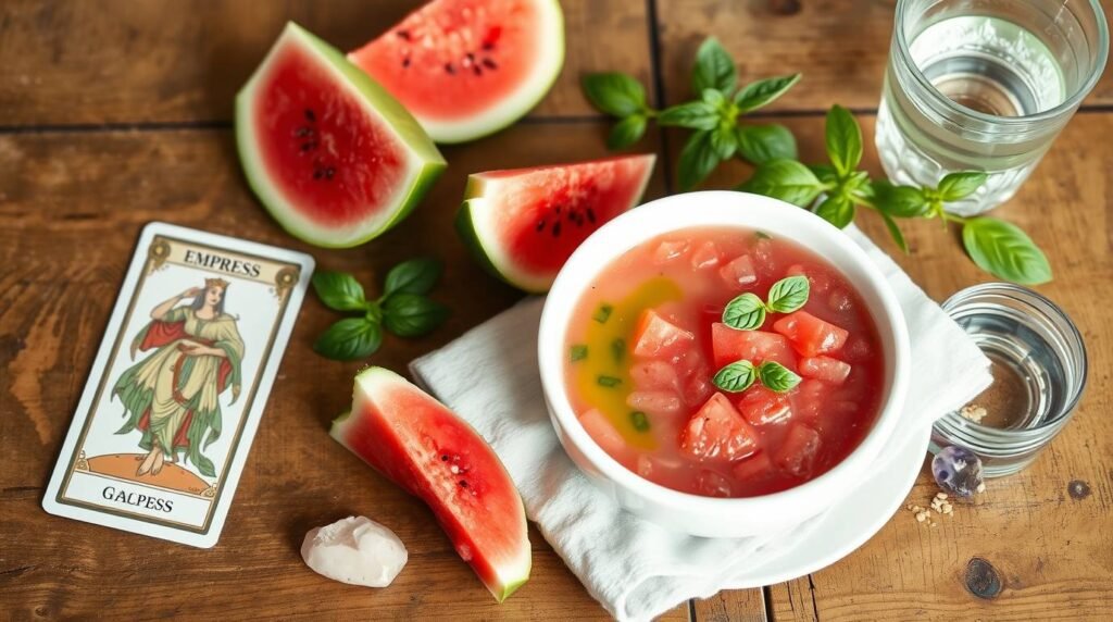 Watermelon Gazpacho with Basil Oil, Heart of the Garden Oracle