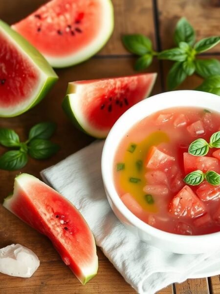 Watermelon Gazpacho with Basil Oil, Heart of the Garden Oracle
