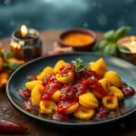 turmeric gnocchi with tomato-chili jam. alchemy of action turmeric gnocchi with tomato-chili jam. alchemy of action