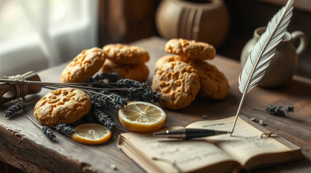 Sculptural clay art depicting a rustic wooden table with golden millet cookies, dried lavender - Esoterris.com Lavender Lemon Millet Cookies – The Scribe’s Treat