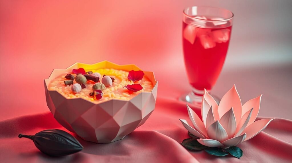 Cardamom–rose rice pudding with rose petals, pistachios, and chakra-inspired glow